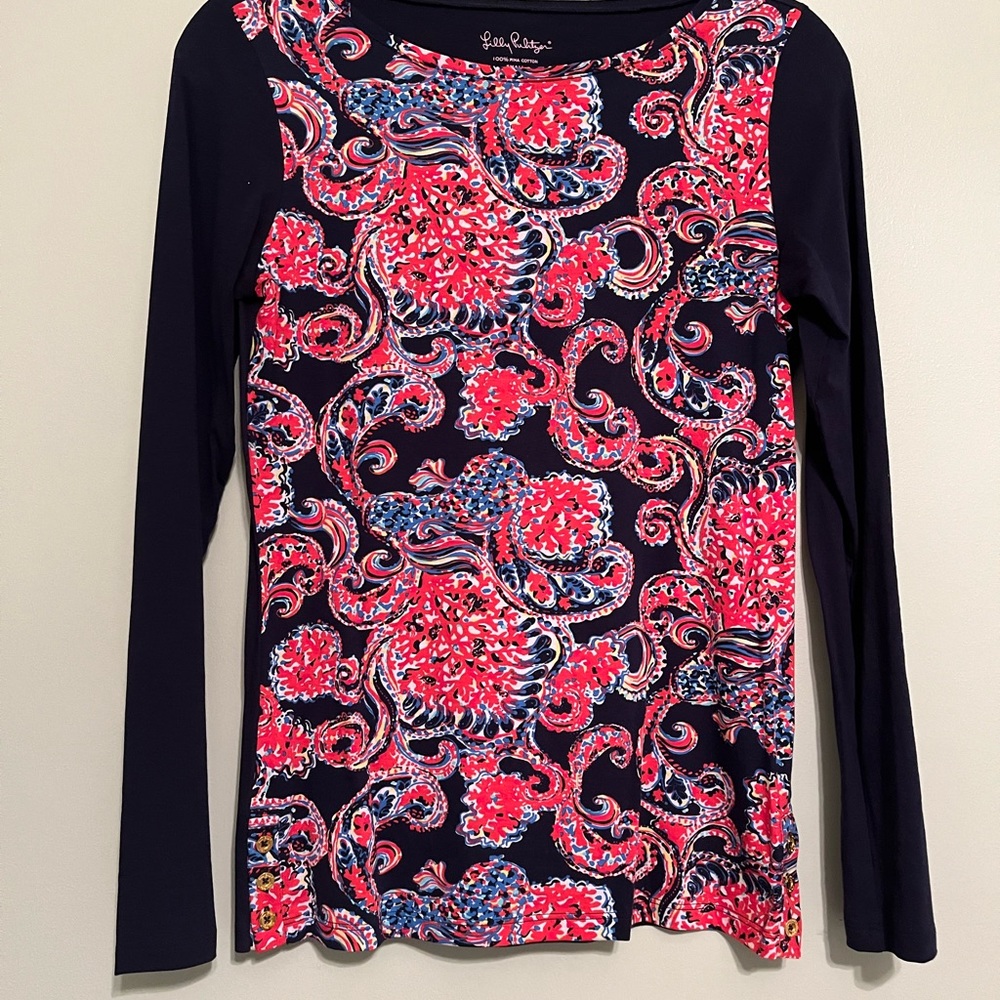 Lilly Pulitzer Blue Pink Floral Paisley Pima Cotton Long Sleeve Stretchy Top